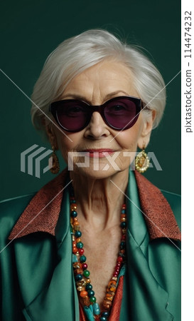 Elderly Caucasian woman in chic attire, radiating joy, against a green backdrop. 114474232