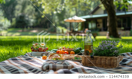 Picnic Blanket With Food on Grass Picnic Blanket With Food on Grass 114474339