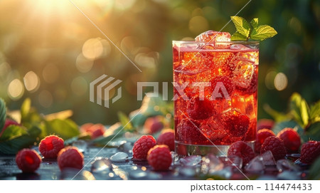 Glass With Ice and Raspberries on Table 114474433