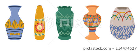 Ceramic vases set. Colored ceramics vase, antique, floral and abstract patterns isolated on white 114474527