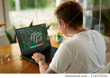 Person analyzes financial markets on laptop with charts. Gender inclusive investor focused, trades in modern home office. Casual workday fintech professional. Analysis, strategy comfy surroundings. Person analyzes financial markets on laptop with charts. Gender inclusive investor focused, trades in modern home office. Casual workday fintech professional. Analysis, strategy comfy surroundings. 114474544