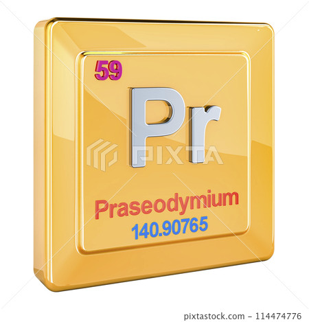 Praseodymium Pr, chemical element sign with number 59 in periodic table. 3D rendering 114474776