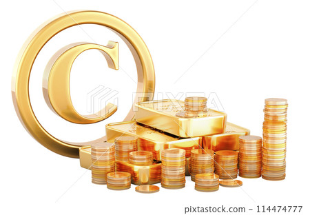 Royalty income, profit from copyright, concept. Copyright sign with golden coins and gold bars, 3D rendering 114474777