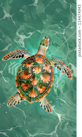 A sea turtle gracefully swims through ocean waters 114474943