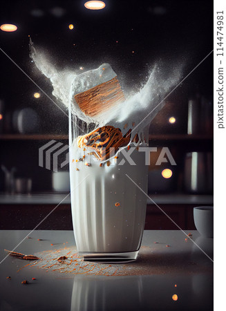 Milk and chocolate milk splashing out of glass. Protein milkshake background. Milk and chocolate milk splashing out of glass. Protein milkshake background. 114474981