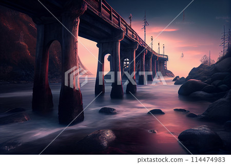 Bridge. Morning foggy view Bridge. Morning foggy view 114474983
