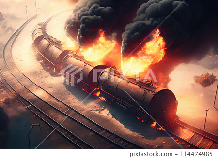 A train with oil tanks is on fire and is visible in the smoke. Tanks burning fire with pesticides A train with oil tanks is on fire and is visible in the smoke. Tanks burning fire with pesticides 114474985