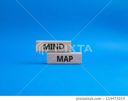 Mind Map symbol. Concept word Mind Map on wooden blocks. Beautiful blue background. Business and Mind Map concept. Copy space 114475014