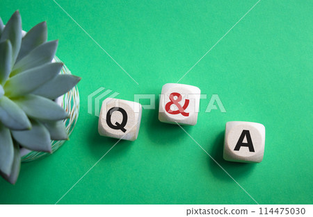 Q and A - Question and Answer. Wooden cubes with words Q and A. Beautiful green background with succulent plant. Business and Q and A concept. Copy space. 114475030