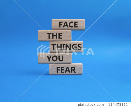 Face the things you fear symbol. Wooden blocks with words Face the things you fear. Beautiful blue background. Business and Face the things you fear concept. Copy space. Face the things you fear symbol. Wooden blocks with words Face the things you fear. Beautiful blue background. Business and Face the things you fear concept. Copy space. 114475111
