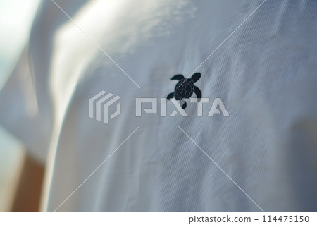 White t-shirt featuring a cheerful turtle design up close 114475150