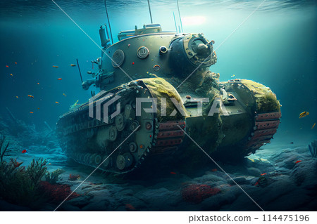 old tank wreck underwater. sunken military tank old tank wreck underwater. sunken military tank 114475196