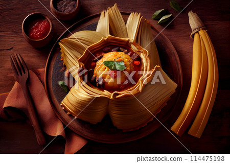 Delicious steamed tamal. Traditional Colombian food tamale Delicious steamed tamal. Traditional Colombian food tamale 114475198