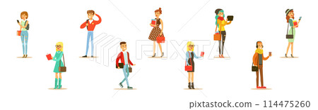 Young University Student Man and Woman Character Wearing Modern Clothes Standing Vector Set 114475260