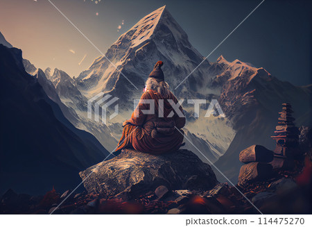 In a scene of spiritual serenity, a shaman sits in deep contemplation atop a majestic mountain, surrounded by the awe-inspiring beauty of nature In a scene of spiritual serenity, a shaman sits in deep contemplation atop a majestic mountain, surrounded by the awe-inspiring beauty of nature 114475270