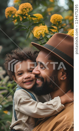 A man with a beard and hat embraces his son warmly 114475295