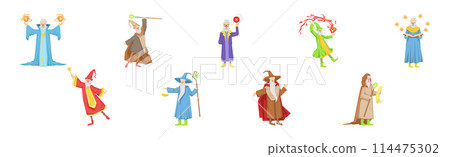 Different Wizard Male Character in Robe Do Spell Vector Set 114475302