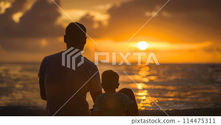 Man and child sitting on beach, admiring sunset 114475311