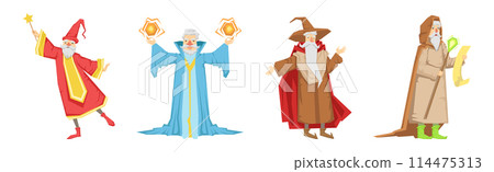 Different Wizard Male Character in Robe Do Spell Vector Set 114475313