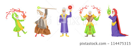 Different Wizard Male Character in Robe Do Spell Vector Set Different Wizard Male Character in Robe Do Spell Vector Set 114475315
