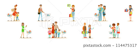 People Character Doing Shopping with Bag and Cart Vector Set 114475317