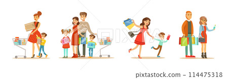 People Character Doing Shopping with Bag and Cart Vector Set People Character Doing Shopping with Bag and Cart Vector Set 114475318