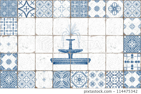Fountain with flowing water in monochromatic blue and white color framed old azulejos ceramic tiles. Watercolor technique.Cartoon stylization For stickers, collages, souvenir production 114475342