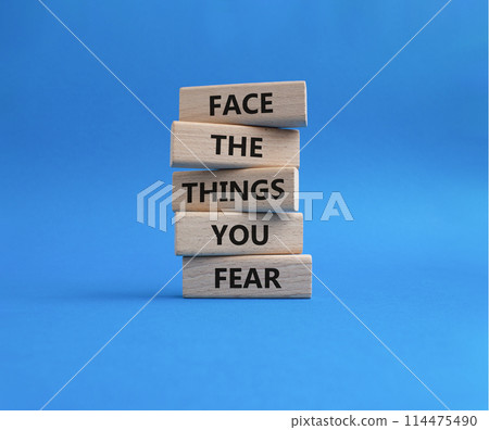 Face the things you fear symbol. Wooden blocks with words Face the things you fear. Beautiful blue background. Business and Face the things you fear concept. Copy space. 114475490
