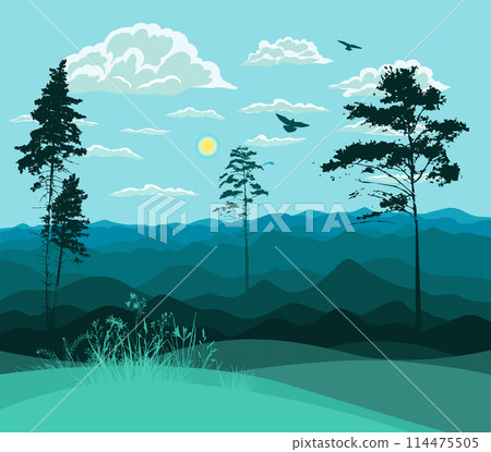 Mountains and hills blue landscape with pine trees. Hand drawing. Not AI. Vector illustration Mountains and hills blue landscape with pine trees. Hand drawing. Not AI. Vector illustration 114475505