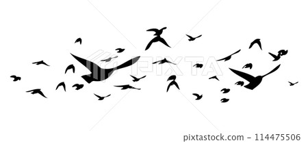 Flying birds silhouette flock. Not AI, Free birds abstraction . Vector illustration Flying birds silhouette flock. Not AI, Free birds abstraction . Vector illustration 114475506