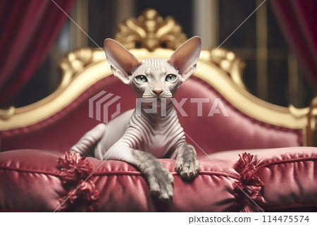 The Sphynx cat sits majestically on a red chair The Sphynx cat sits majestically on a red chair 114475574