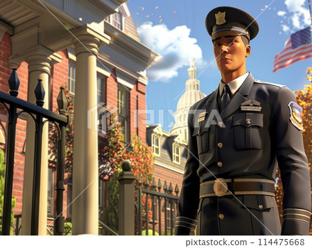 A stoic police officer, in full uniform, stands proudly in front of a grand building. 114475668