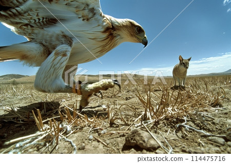 A majestic eagle, with wings outstretched, perched on a rock in the expansive desert landscape under the scorching sun. 114475716