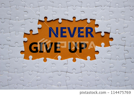 Never give up symbol. Concept words Never give up on white puzzle. Beautiful orange background. Business and Never give up concept. Copy space. Never give up symbol. Concept words Never give up on white puzzle. Beautiful orange background. Business and Never give up concept. Copy space. 114475769