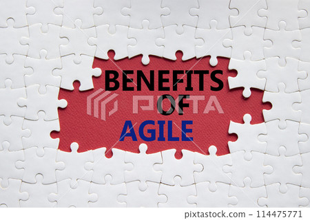 Benefits of Agile symbol. White puzzle with words Benefits of Agile. Beautiful red background. Business and Benefits of Agile concept. Copy space. Benefits of Agile symbol. White puzzle with words Benefits of Agile. Beautiful red background. Business and Benefits of Agile concept. Copy space. 114475771