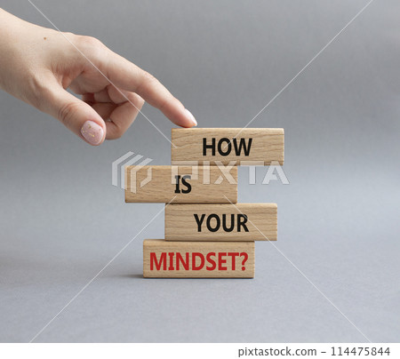 Mindset symbol. Wooden blocks with words How is your Mindset. Beautiful grey background. Businessman hand. Business and How is your Mindset concept. Copy space. 114475844
