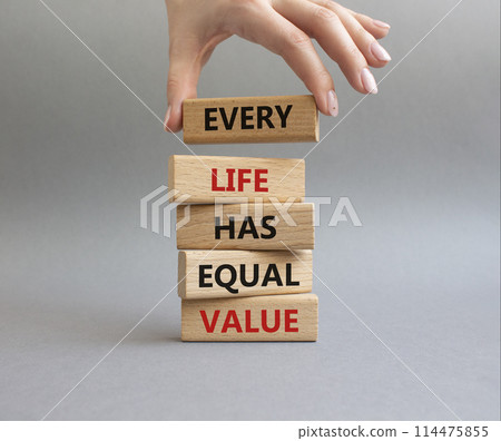 Equality symbol. Wooden blocks with words Every Life has Equal Value. Businessman hand. Beautiful grey background. Equality and life concept. Copy space. Equality symbol. Wooden blocks with words Every Life has Equal Value. Businessman hand. Beautiful grey background. Equality and life concept. Copy space. 114475855