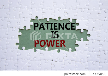 Patience is Power symbol. Concept words Patience is Power on white puzzle. Beautiful grey green background. Business and Patience is Power concept. Copy space. Patience is Power symbol. Concept words Patience is Power on white puzzle. Beautiful grey green background. Business and Patience is Power concept. Copy space. 114475859