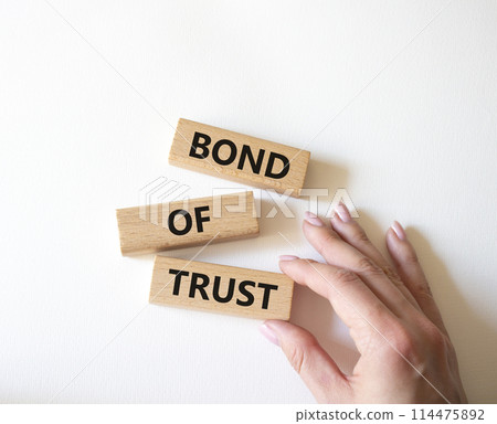 Bond of trust symbol. Wooden blocks with words Bond of trust. Beautiful white background. Businessman hand. Business and Bond of trust concept. Copy space. 114475892