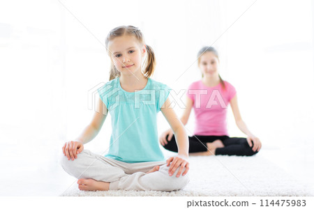 Pretty girls warming up for physical activity indoors 114475983