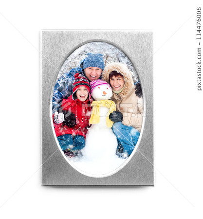 Silver oval frame with happy family photo isolated on white background Silver oval frame with happy family photo isolated on white background 114476008