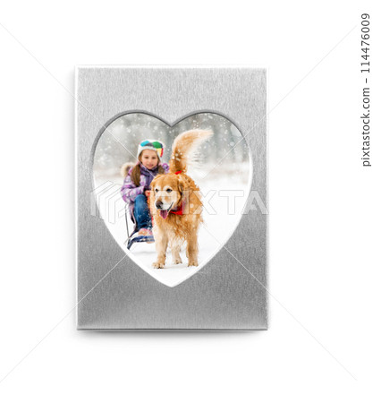 Funny winter photo in silver heart shaped frame isolated on white background Funny winter photo in silver heart shaped frame isolated on white background 114476009