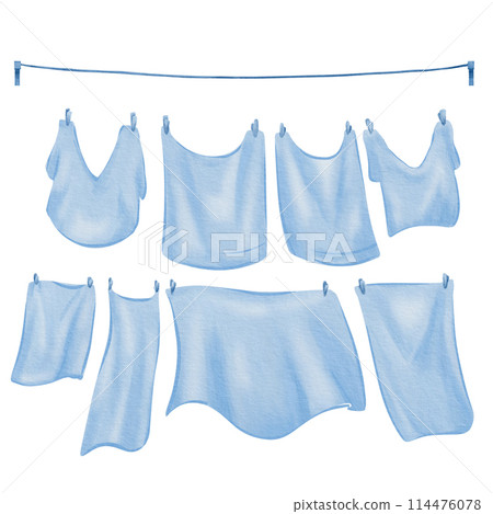 Clothes hanging to dry on a laundry line with clothespins blowing by the wind.In blue and white colors.Isolated on white background.To illustrate laundry detergent, rinse aid, conditioner, bleach. Clothes hanging to dry on a laundry line with clothespins blowing by the wind.In blue and white colors.Isolated on white background.To illustrate laundry detergent, rinse aid, conditioner, bleach. 114476078