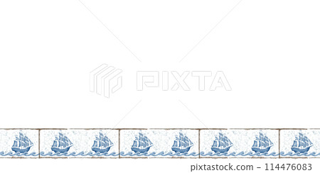 An old sailing ship on stylized waves seamless border on old ceramic tiles,in blue and white colors.Illustration in watercolor style for printing,stickers,borders,wallpaper,websites,ceramic tiles. 114476083