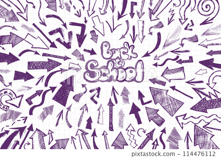 Welcome Back to school horizontal banner, doodle on checkered paper background, vector illustration. Drawing with a blue pen on a notebook sheet . Handmade, not AI Vector illustration 114476112