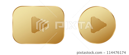 Golden play 3D button. Gold round play button. Golden play 3D button. Gold round play button. 114476174