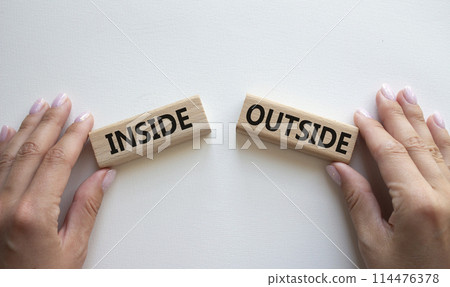 Inside or Outside symbol. Concept word Inside or Outside on wooden blocks. Businessman hand. Beautiful white background. Business and Inside or Outside concept. Copy space 114476378