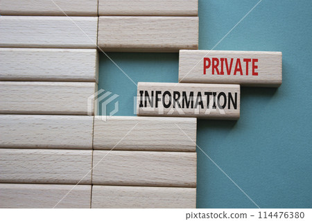 Private Information symbol. Wooden blocks with words Private Information. Beautiful grey green background. Business and Private Information concept. Copy space. Private Information symbol. Wooden blocks with words Private Information. Beautiful grey green background. Business and Private Information concept. Copy space. 114476380