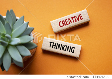 Creative thinking symbol. Wooden blocks with words Creative thinking. Beautiful orange background with succulent plant. Business and Creative thinking concept. Copy space. 114476390