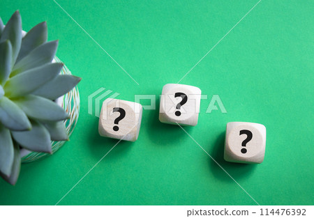 Question marks symbol. Concept words question mark on wooden cube. Beautiful green background with succulent plant. Business and question mark. Copy space. 114476392